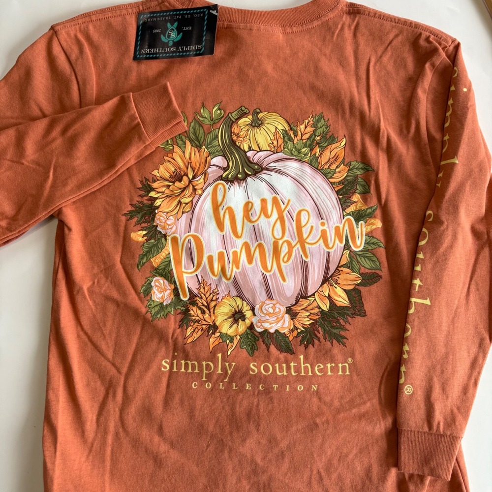 Simply Southern Youth Small Hey Pumpkin‎ Long Sleeve Graphic Shirt Fall Floral